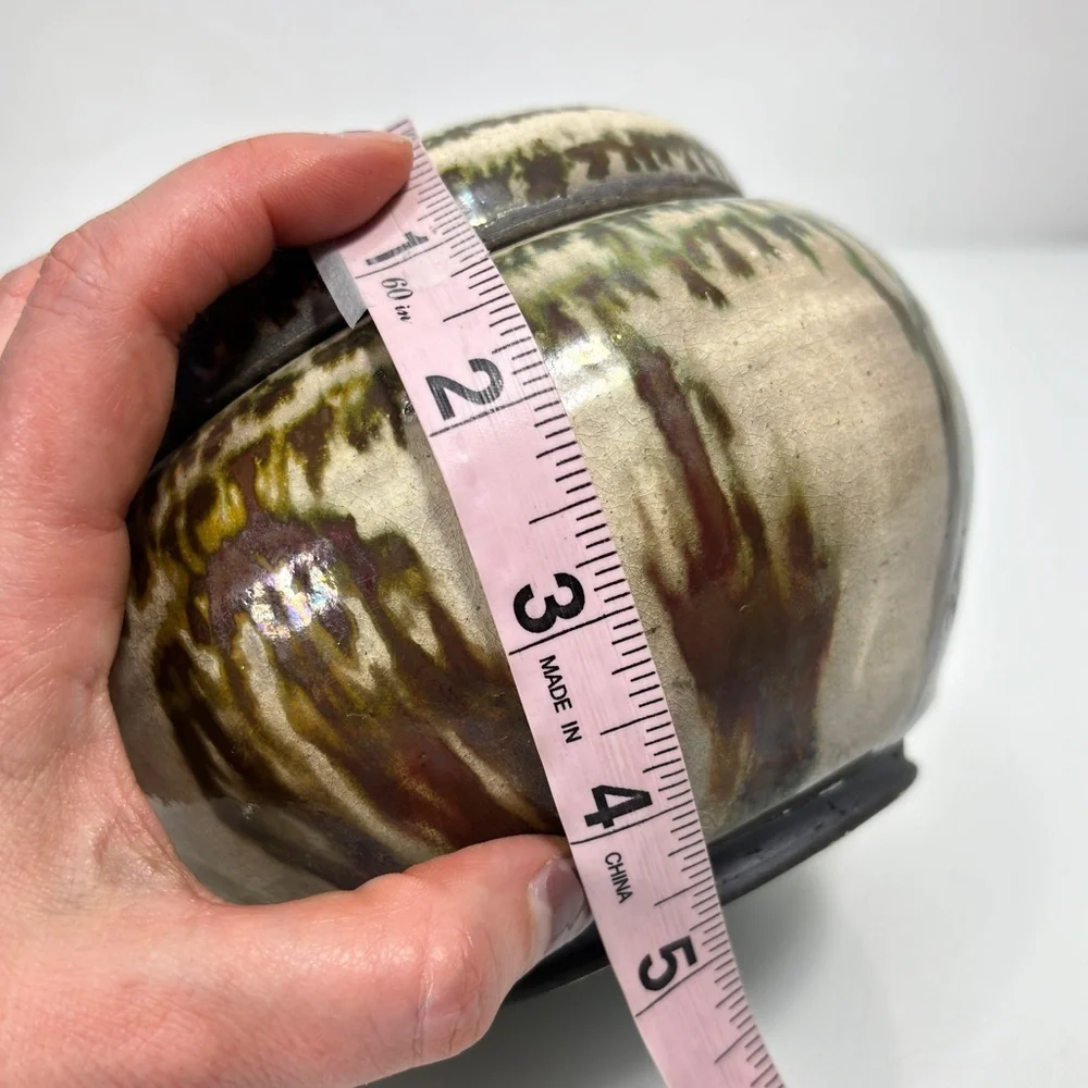 Art Studio Handmade Artist Signed Green Iridescent Glaze Pottery Lidded Urn Jar
